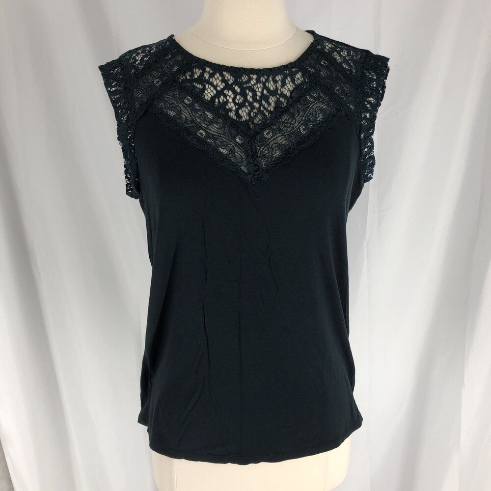 Loft Lace Yoke Sleeveless T-Shirt Top Dark Green- Small
